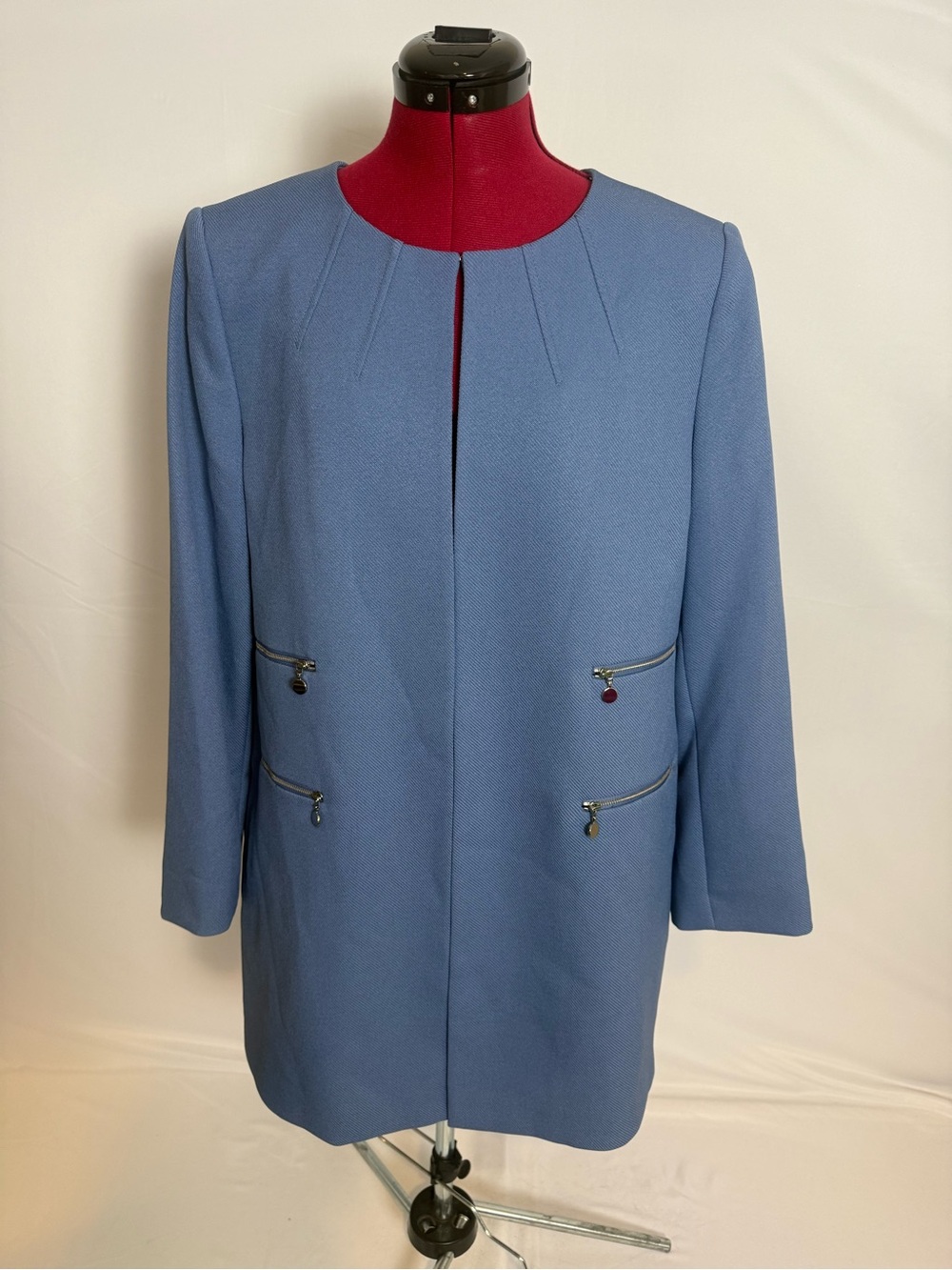 NWT Tahari ASL Blazer Women's Size 16 Powder Blue Collarless Zip-Pocket